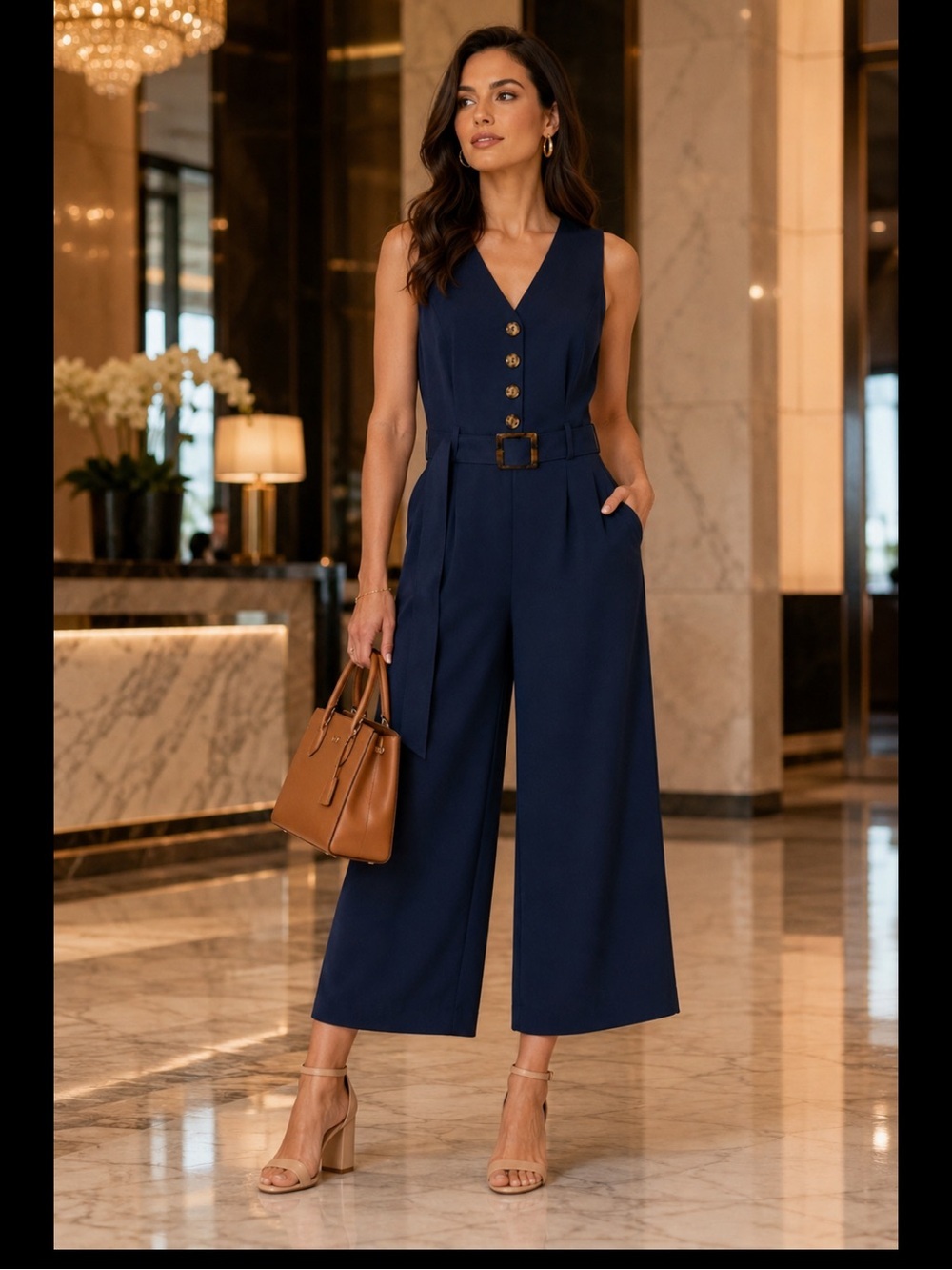 NWT Calvin Klein 14W Plus Navy Belted Wide Leg V Neck Jumpsuit